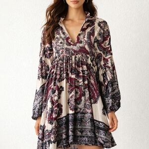 Free People Say You Love Me Paisley Boho Mini Dress Medium Babydoll Festival